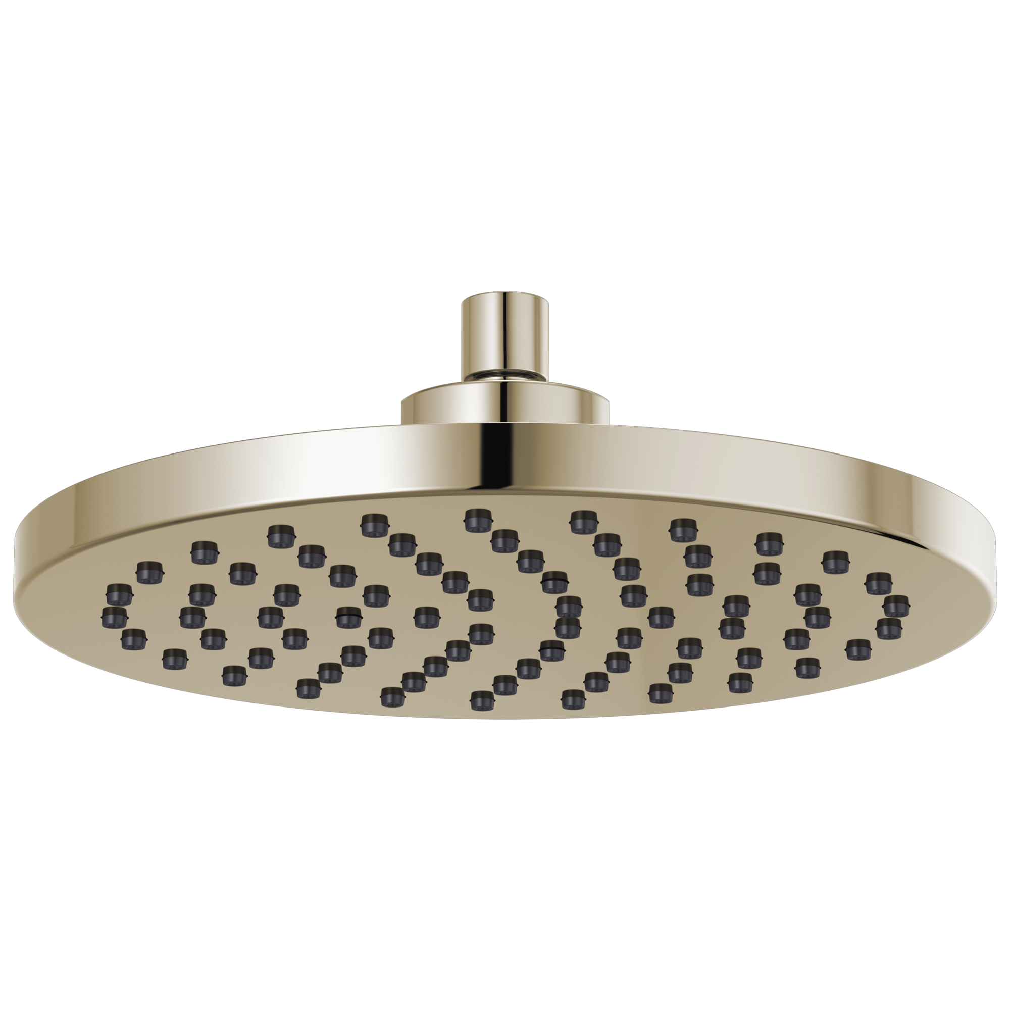 Round brushed nickel raincan shower head with multiple spray jets and cylindrical connector arm.