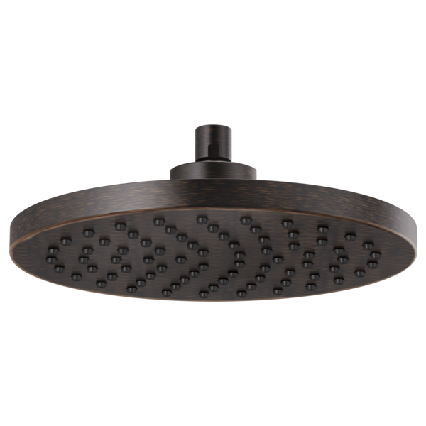 Round dark bronze raincan shower head with spray nozzles and overhead arm mount.