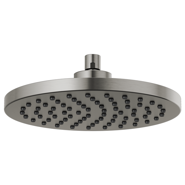 Round stainless steel raincan shower head with multiple spray nozzles and overhead mounting arm.