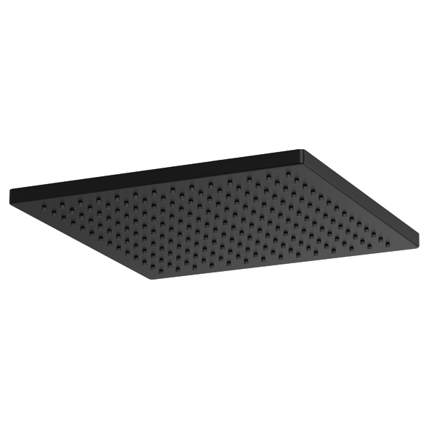 Black square raincan shower head with multiple water spray holes on flat surface.