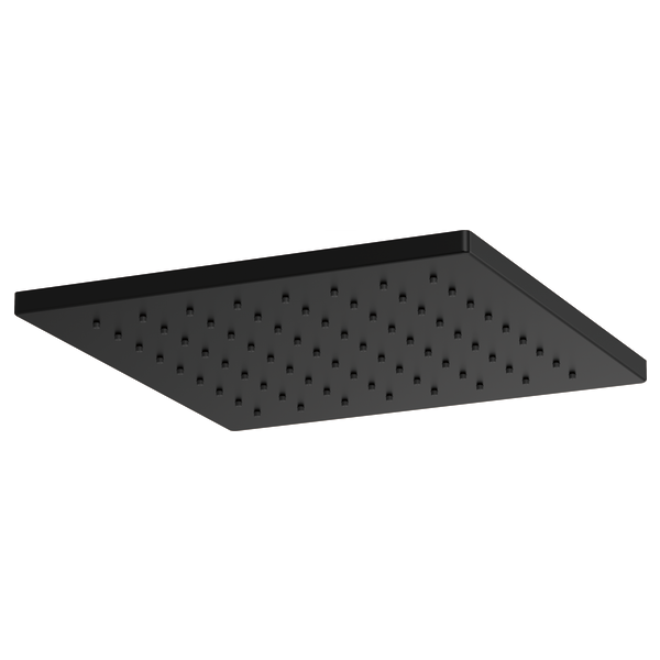 Black square raincan shower head with multiple spray holes across flat surface.