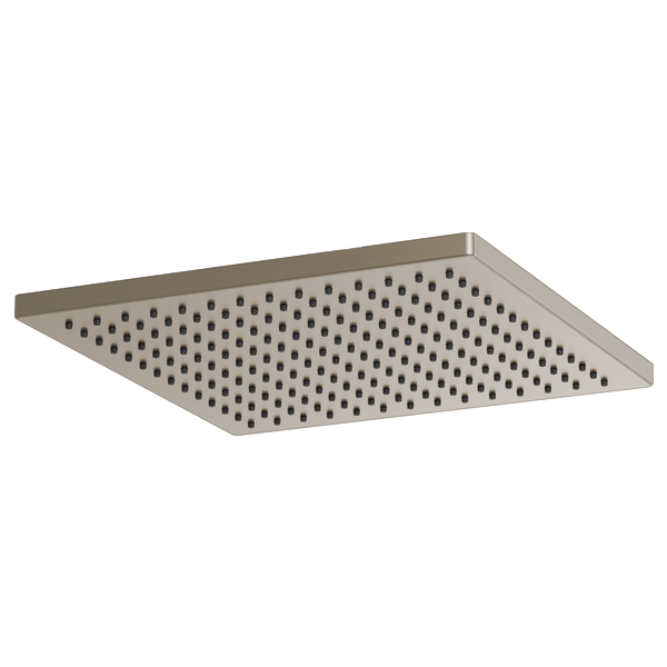 Square brushed nickel raincan shower head with perforated spray pattern, viewed from below at an angle.
