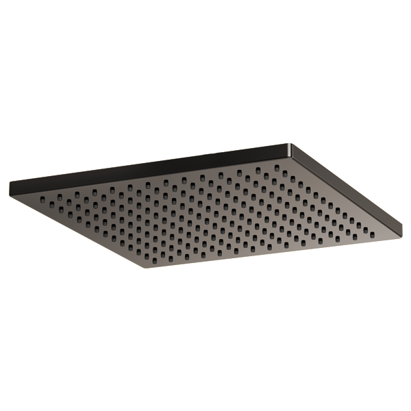 Square black raincan shower head with multiple spray holes across perforated surface.