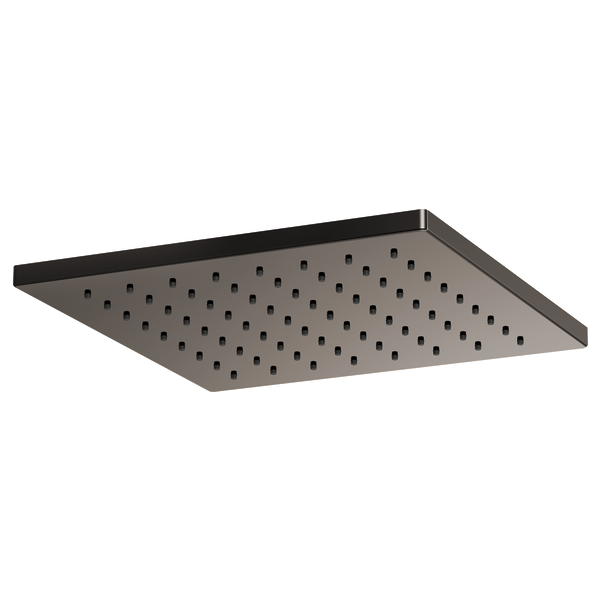 Square raincan shower head in brushed black metal with multiple water outlets across flat surface.