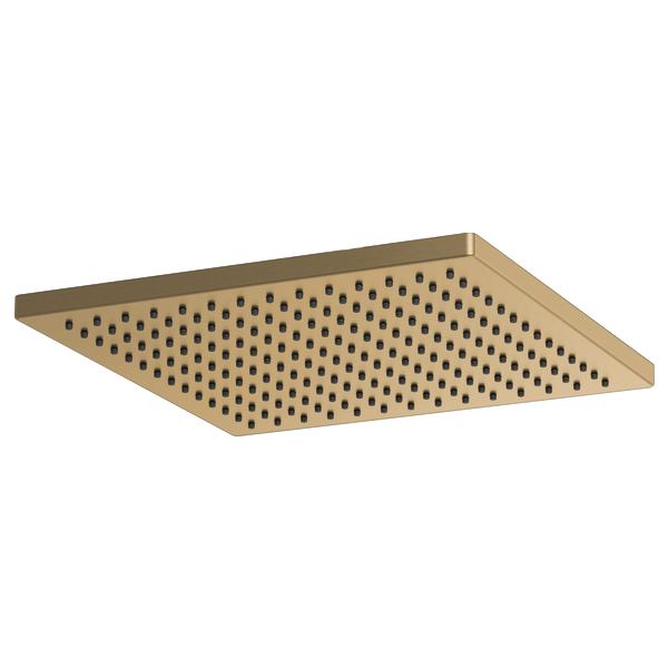 Square brass raincan shower head with evenly spaced perforations across flat surface.