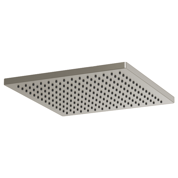 Square stainless steel raincan shower head with perforated spray pattern, 12 inches wide.