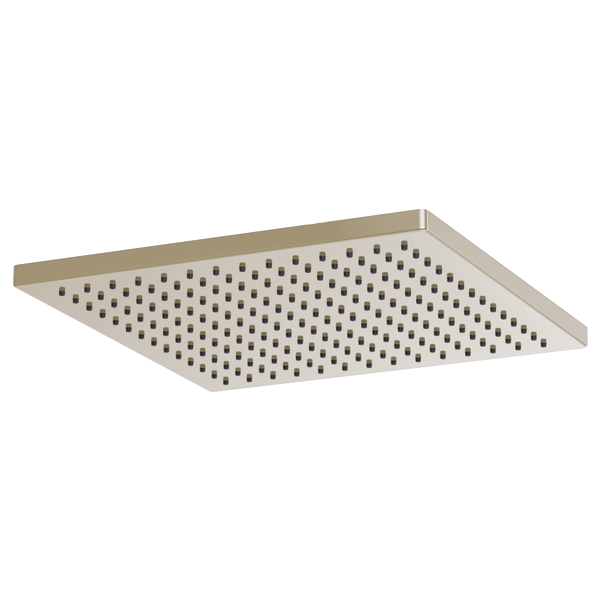 Square brushed nickel raincan showerhead with evenly spaced circular perforations across flat surface.