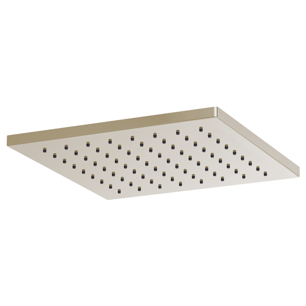 Square raincan shower head with multiple spray holes and brushed nickel finish.