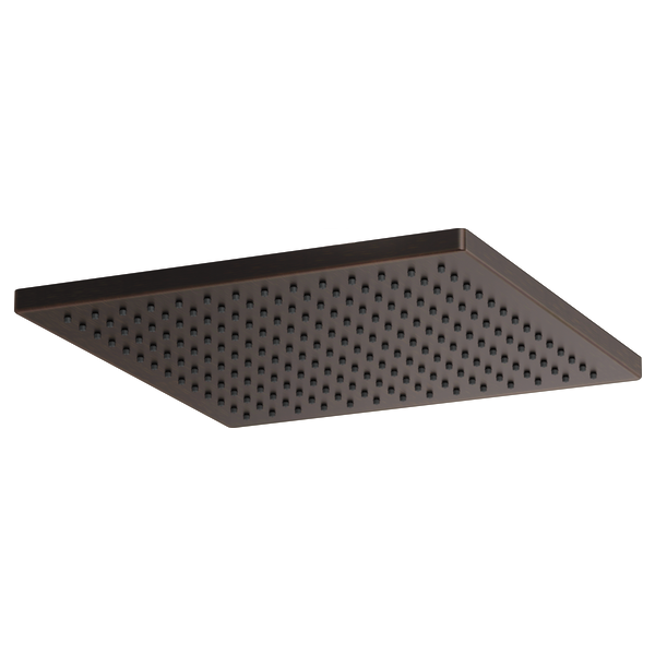 Square bronze raincan shower head with perforated spray pattern, 12-inch width.