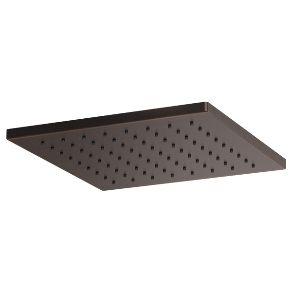 Square dark bronze raincan showerhead with evenly spaced spray holes across flat surface.
