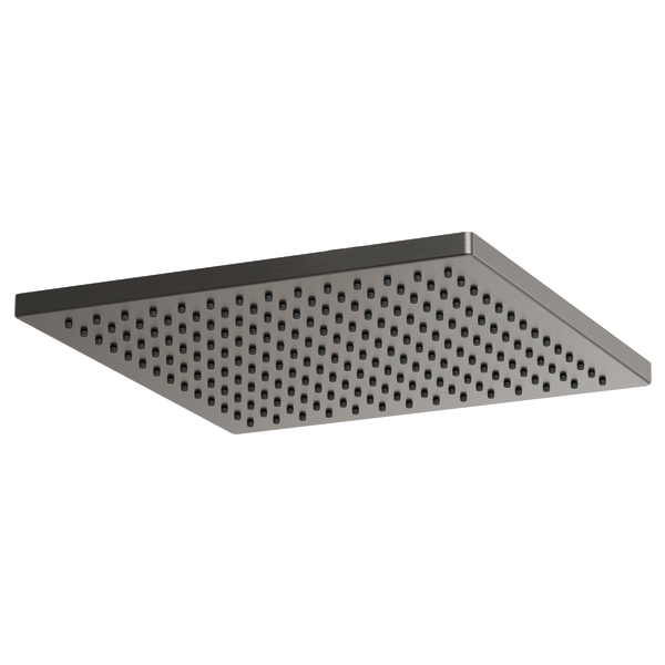 Square stainless steel raincan shower head with perforated spray face and recessed mounting rim.