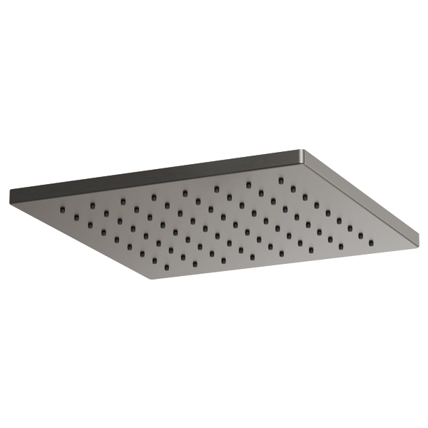 Square metal raincan shower head with multiple spray holes distributed across the flat surface.