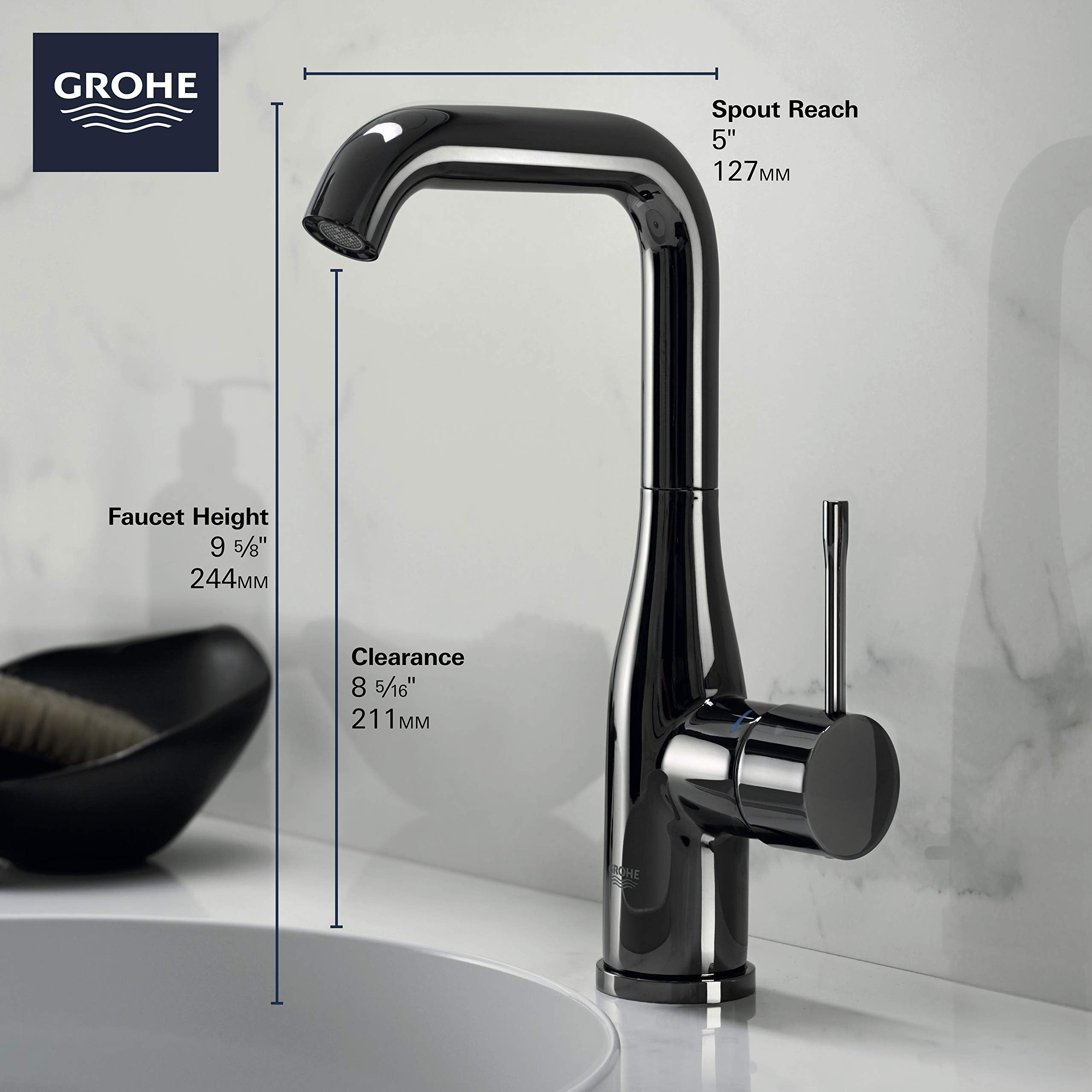 Grohe Essence brushed nickel single-hole bathroom faucet with curved spout and cylindrical handle, shown with dimension speci