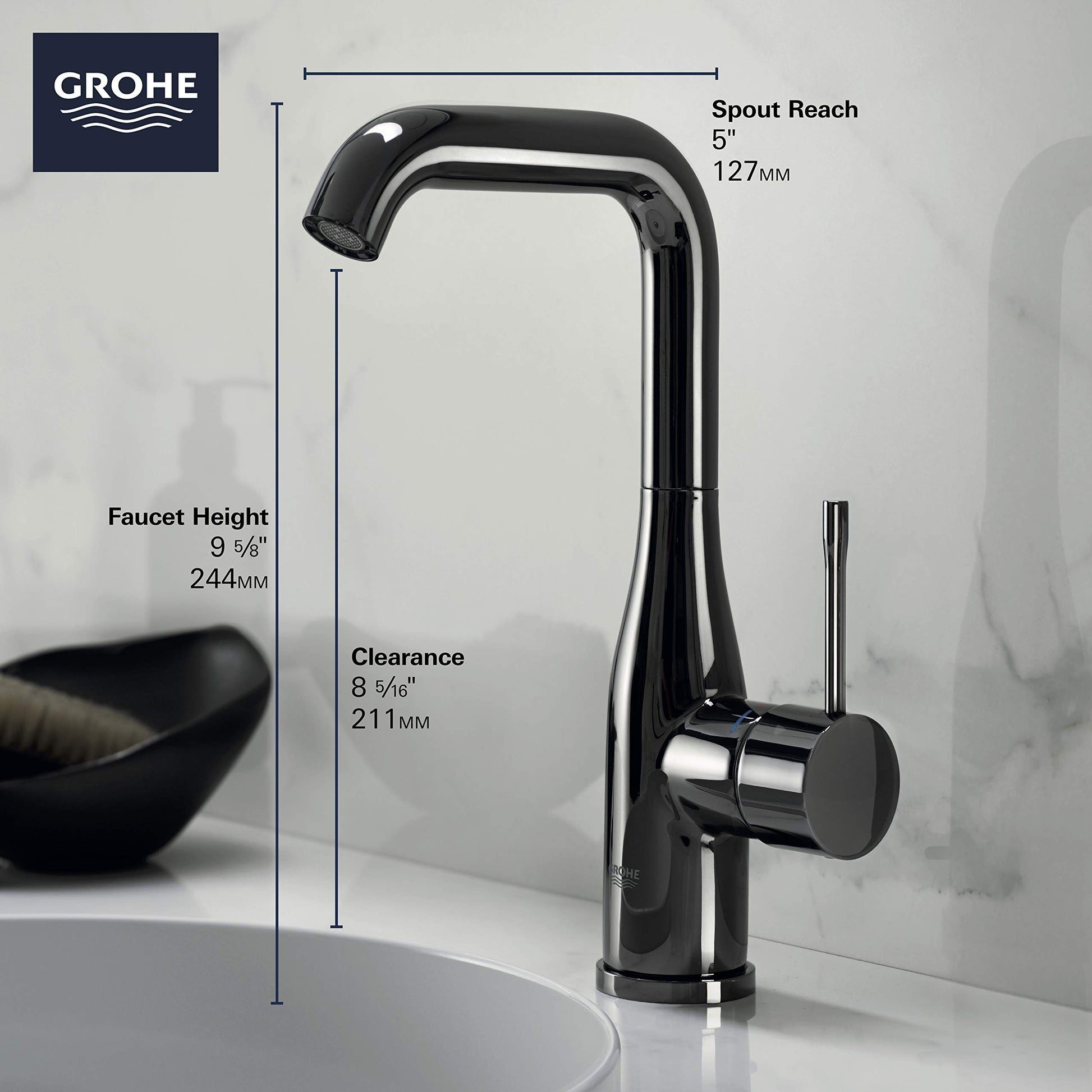Grohe Essence single-handle bathroom faucet in hard graphite with curved spout and single lever handle.