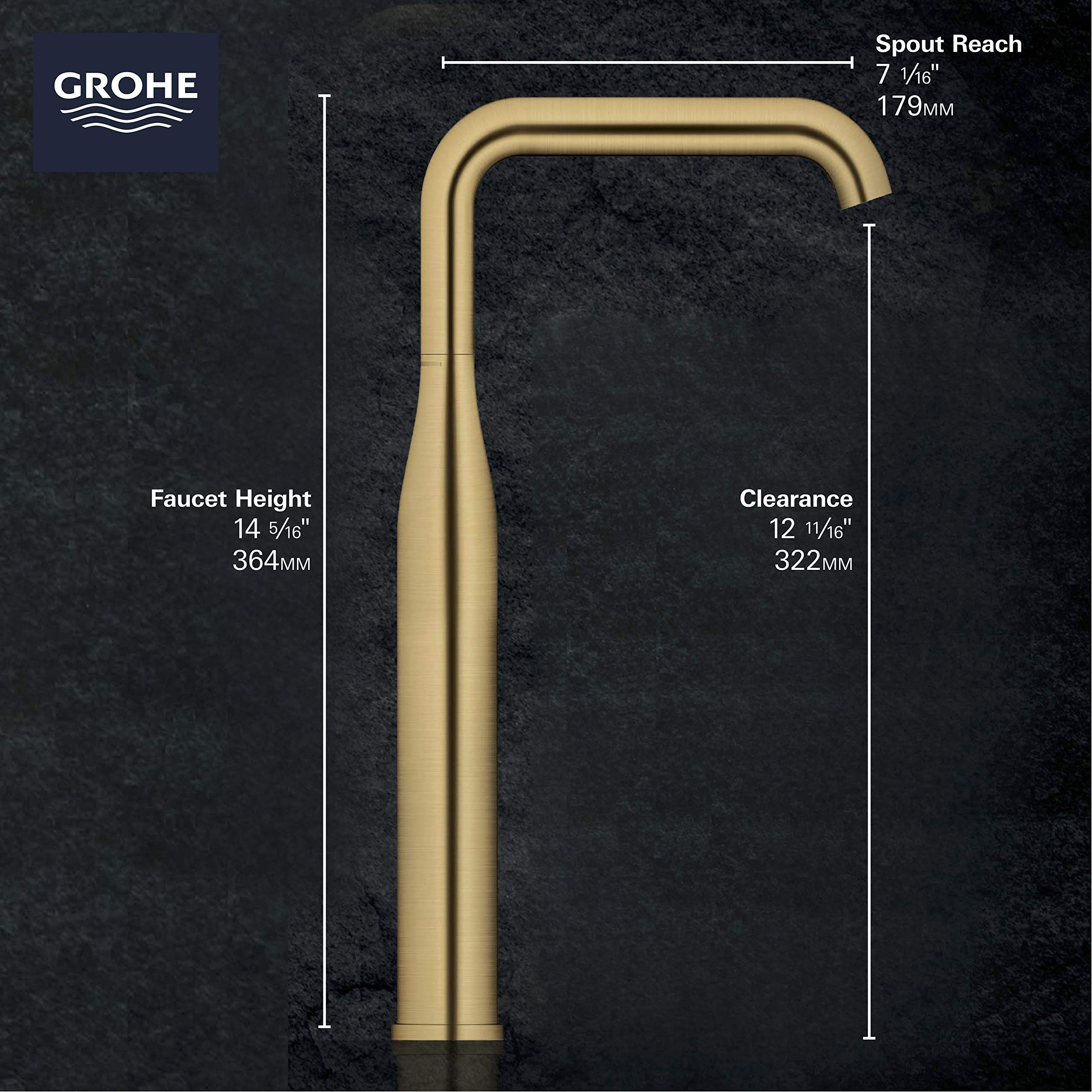 Grohe Essence single-handle vessel sink faucet in hard graphite with curved spout and dimension specifications displayed.