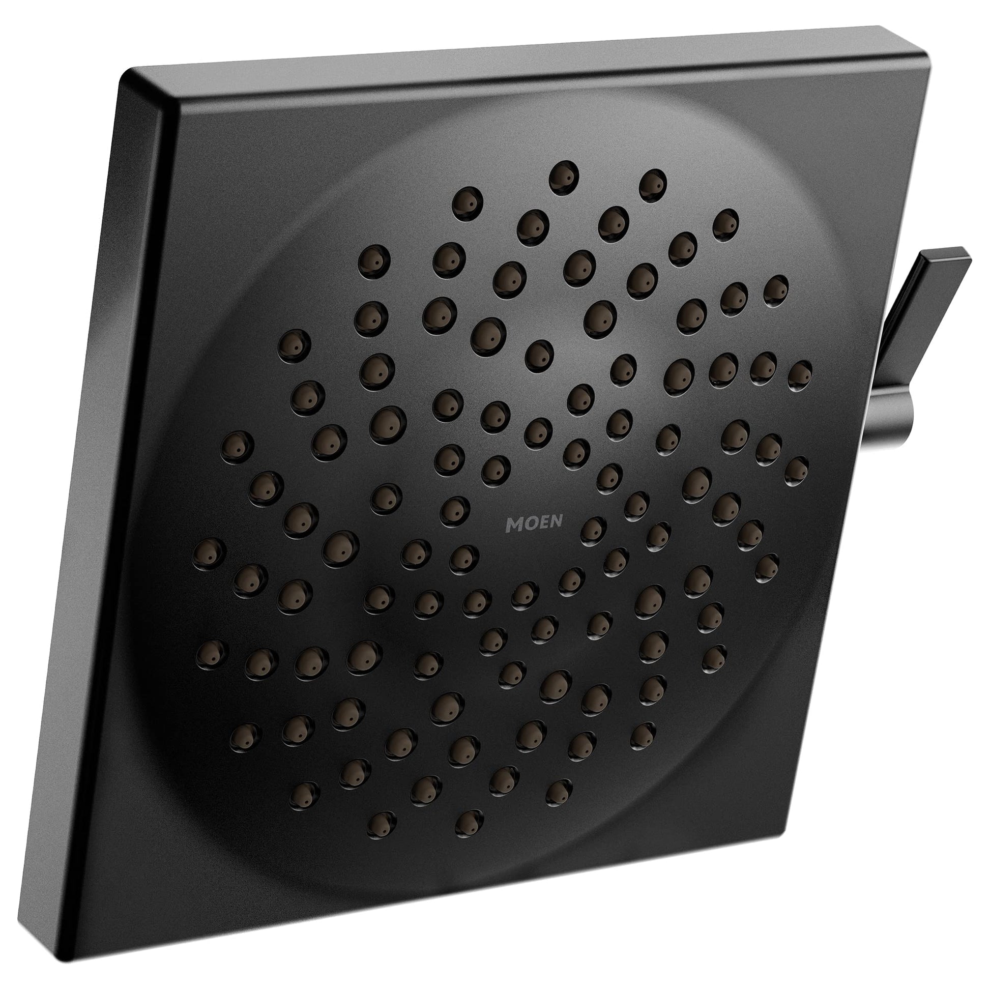 Matte black square rainshower head with multiple spray jets and angled mounting bracket.