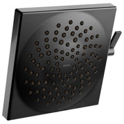 Matte black square showerhead with multiple spray holes and side control lever.