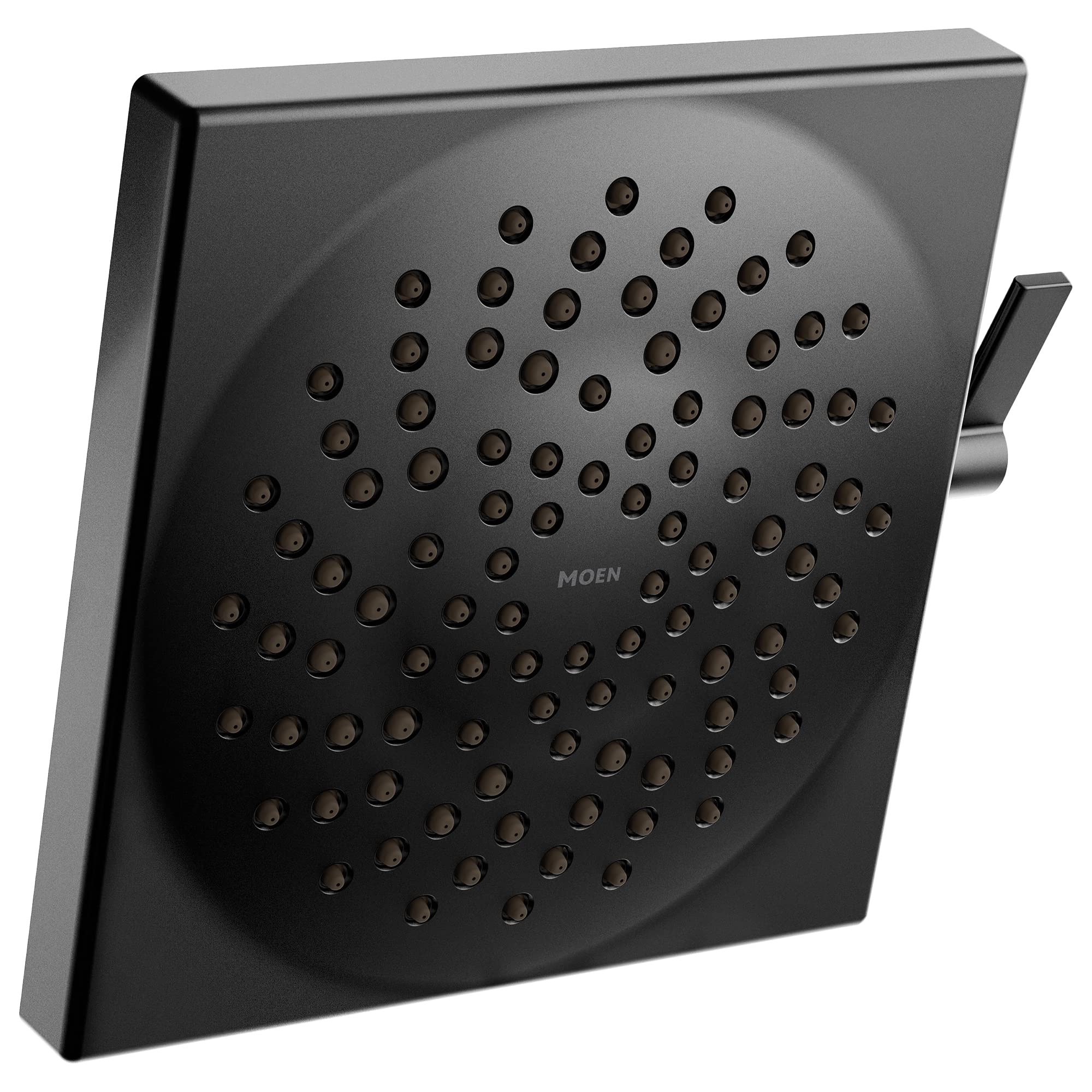 Matte black square showerhead with multiple spray holes and side control lever.