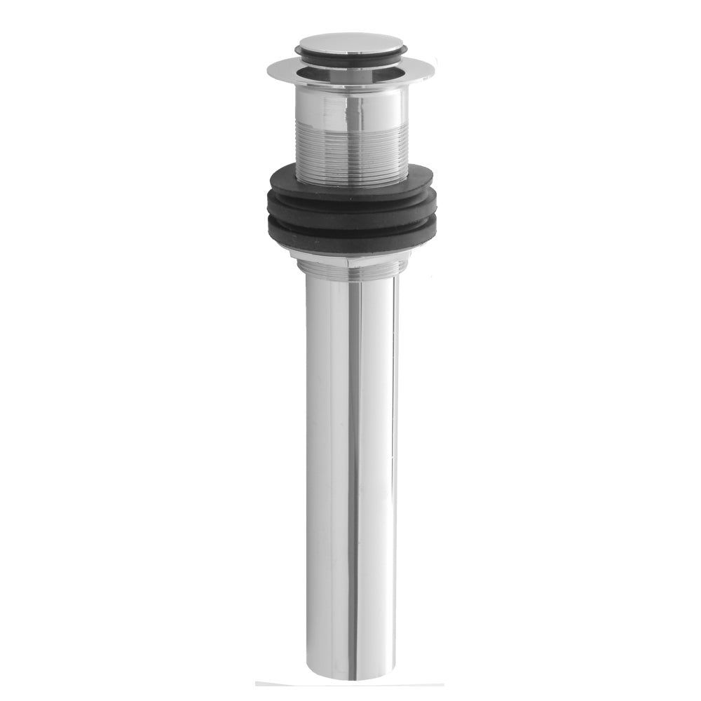 Satin nickel finger touch lavatory drain plug with cylindrical body and black rubber seals.