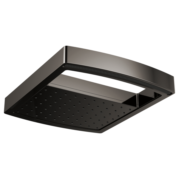 Square black matte raincan shower head with dual waterway design and perforated spray surface.