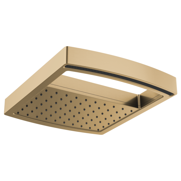 Square brass raincan shower head with perforated spray face and rectangular trim ring.