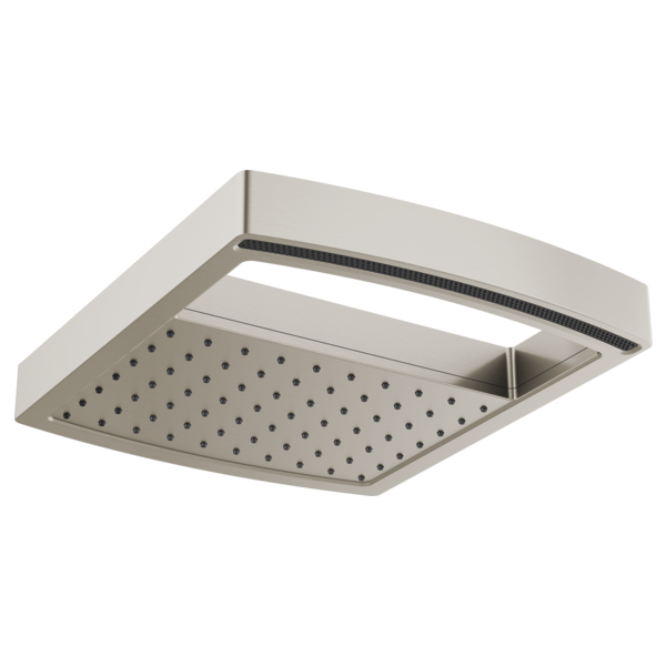 Square brushed nickel raincan shower head with multiple spray holes and dual waterway design.
