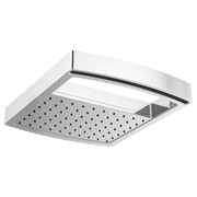 Chrome square raincan shower head with perforated spray face and dual waterway design mounted at angle.
