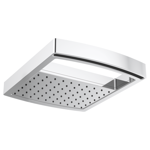 Chrome square raincan shower head with perforated spray face and dual waterway design mounted at angle.