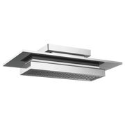Rectangular raincan shower head with integrated lighting, stainless steel construction, perforated spray face visible on bott