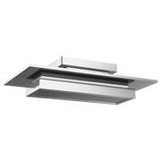 Rectangular stainless steel raincan shower head with integrated lighting and perforated spray face, ceiling-mounted.