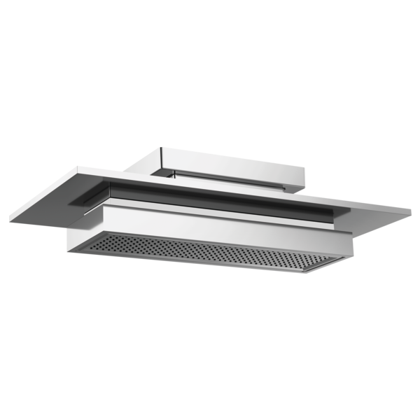 Rectangular stainless steel raincan shower head with integrated lighting and perforated spray face, ceiling-mounted.