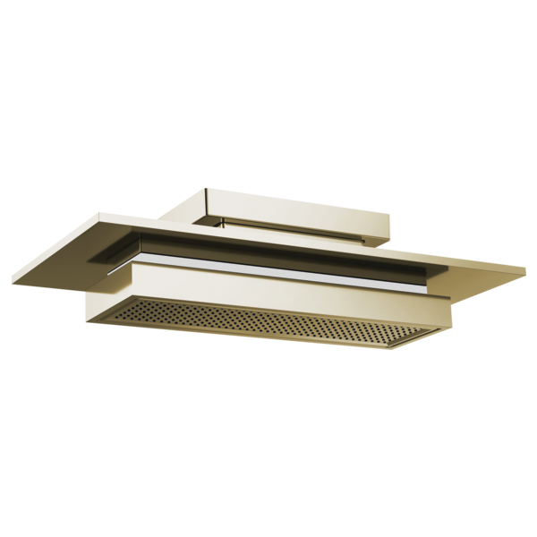 Rectangular brass raincan showerhead with integrated lighting and perforated face plate mounted to ceiling.