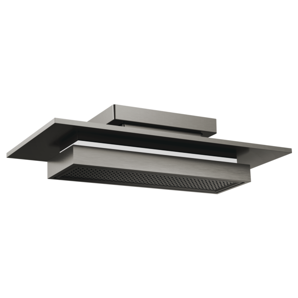 Rectangular black and chrome ceiling-mounted raincan shower head with integrated lighting strip and perforated water outlet.