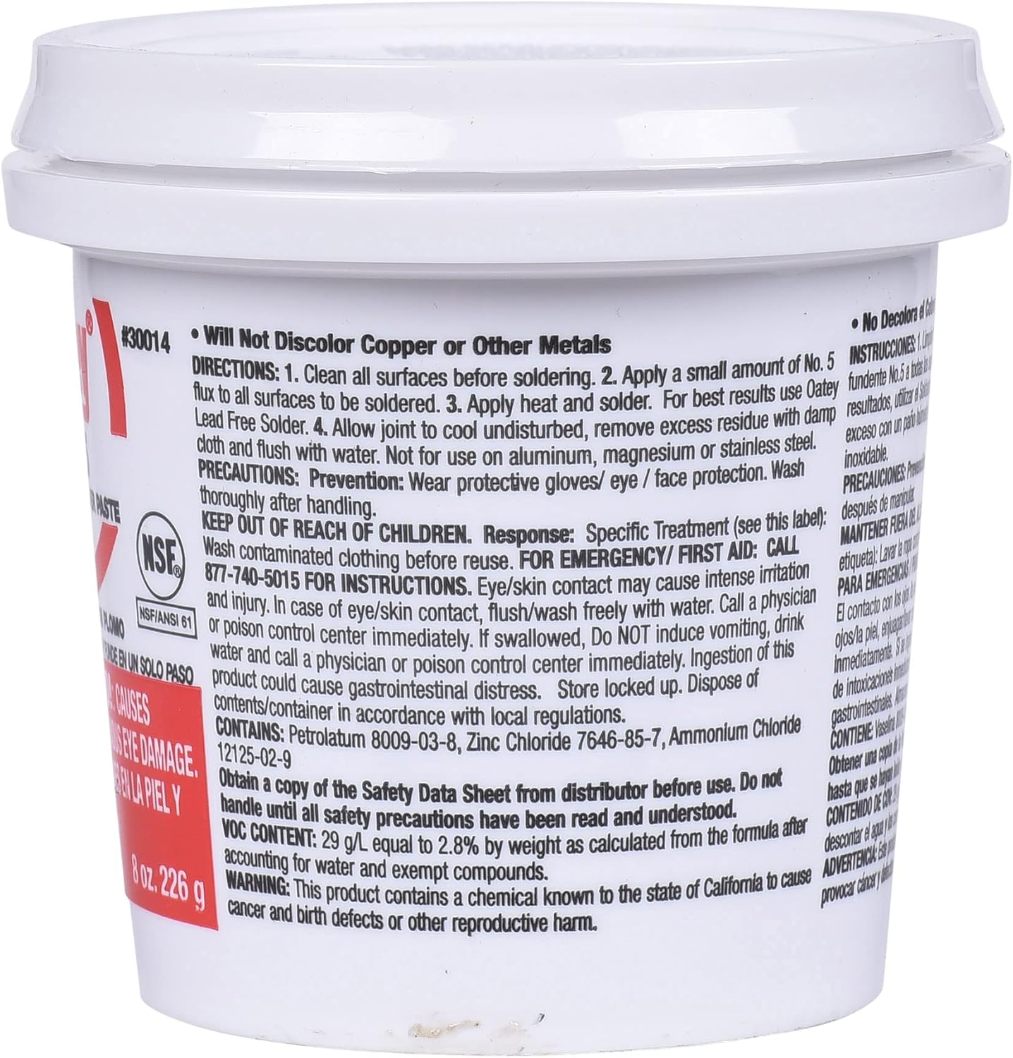 White plastic container of Oatey No. 5 paste flux with red and black label and clear snap-on lid.