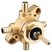Brass transfer valve with PEX crimp ring connections, internal cartridge mechanism, and multiple outlet ports.