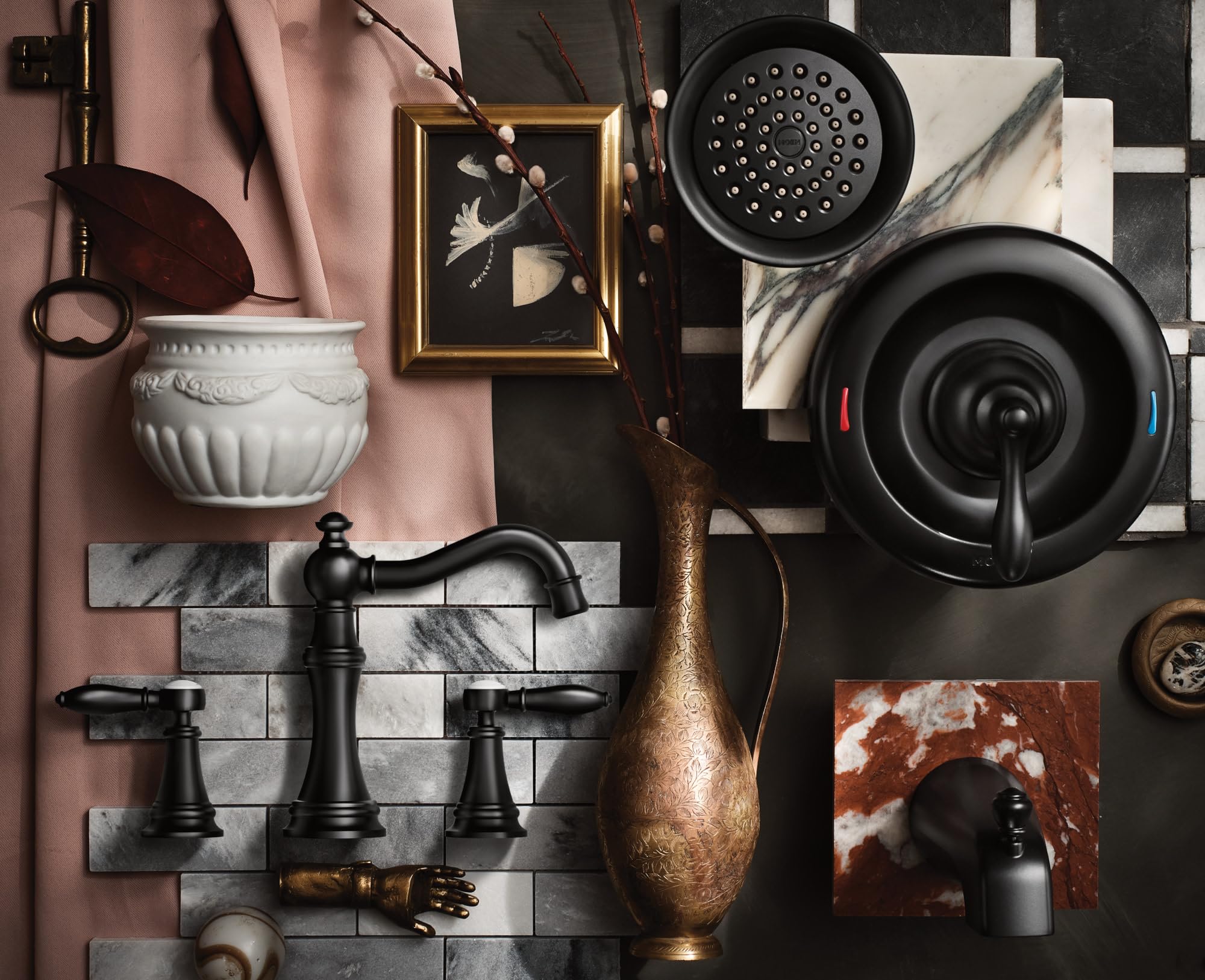 Matte black two-handle lever bathroom faucet trim kit mounted on marble tile backsplash.