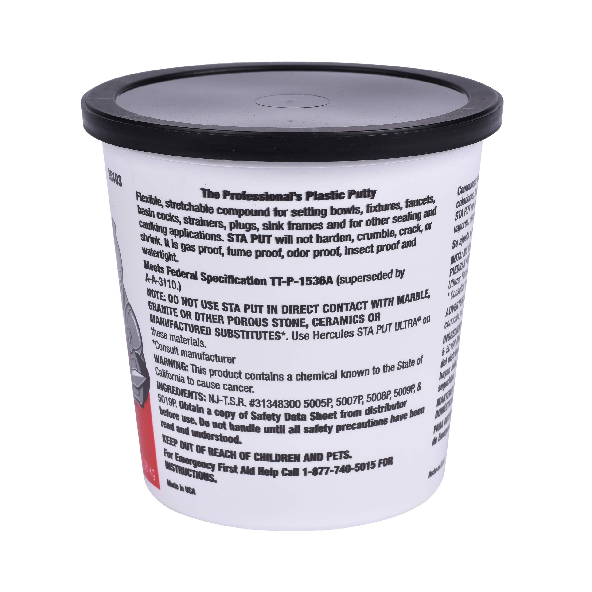 Beige plumber's putty in a white cylindrical container with black lid and product information label.