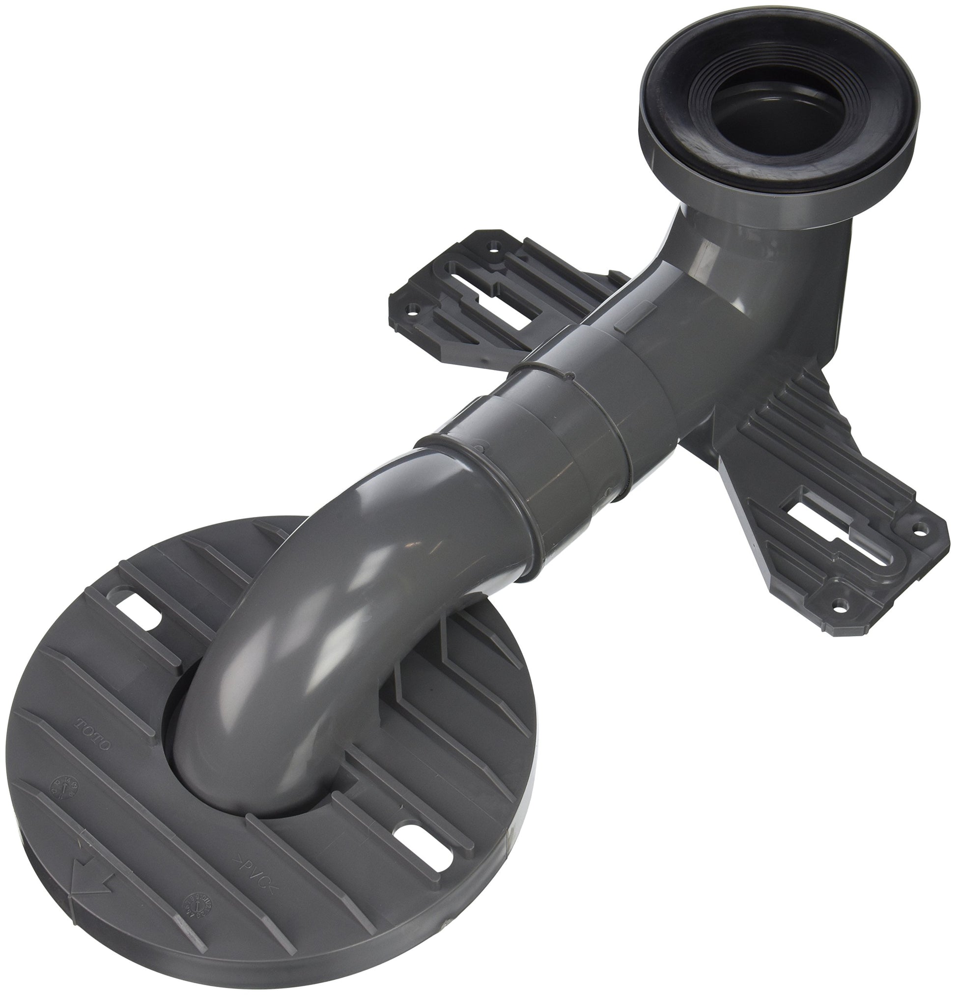 Black TOTO toilet rough-in adapter with angled pipe connection and circular base mounting plate.