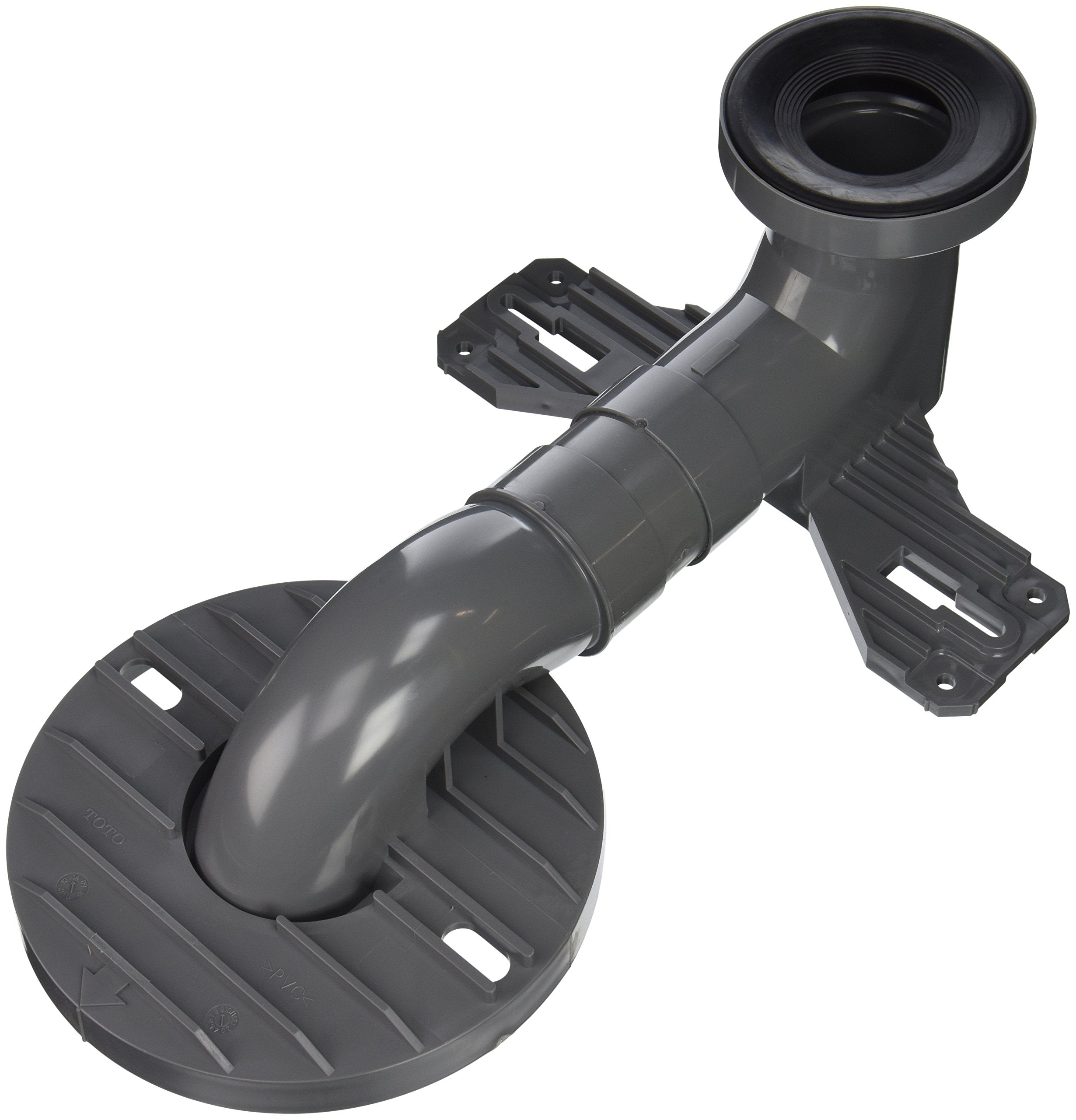 Black TOTO toilet rough-in adapter with angled pipe connection and circular base mounting plate.