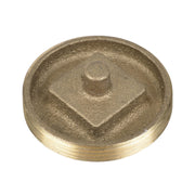 Brass cleanout plug with recessed hexagonal head and threaded edges, 2 inch diameter.