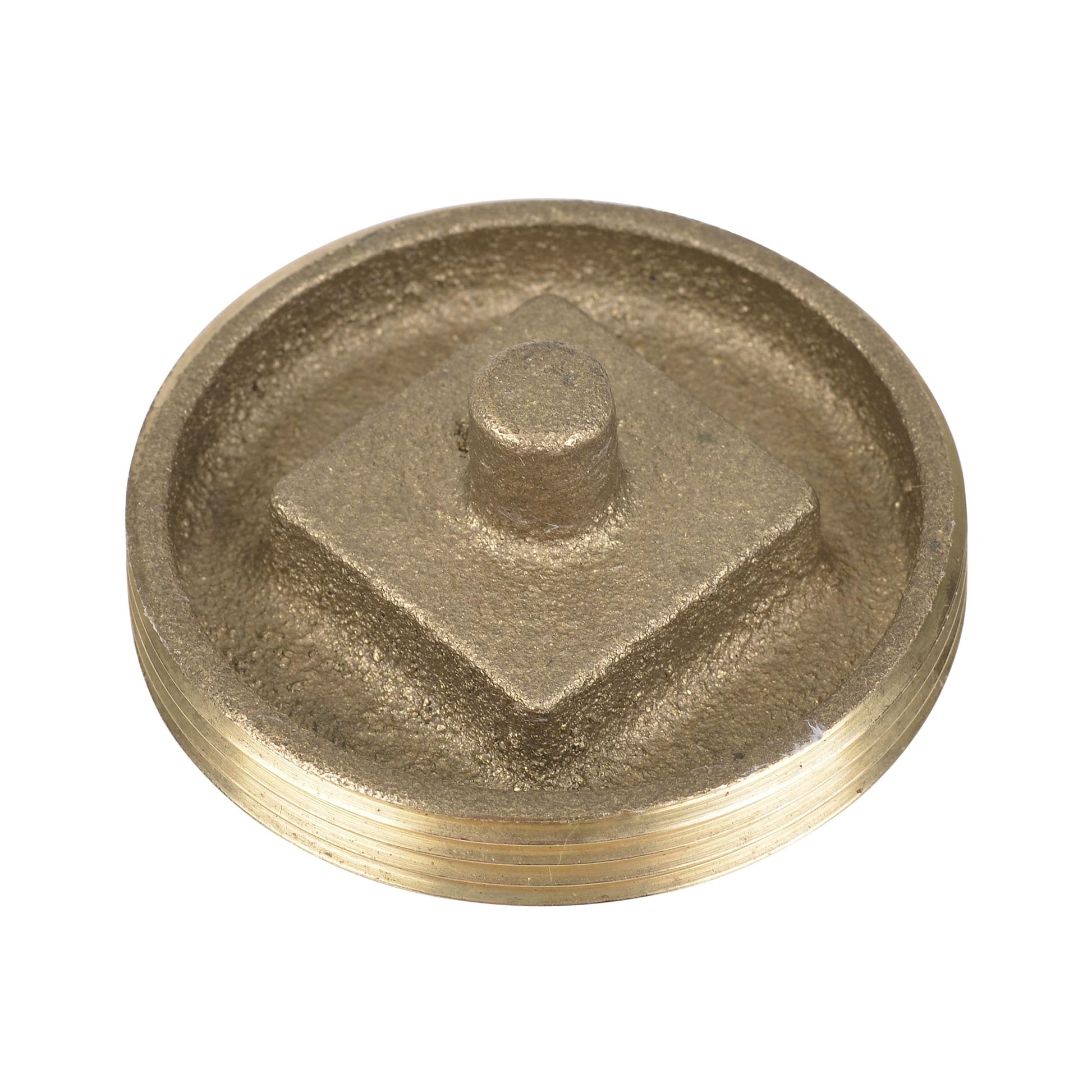 Brass cleanout plug with recessed hexagonal head and threaded edges, 2 inch diameter.