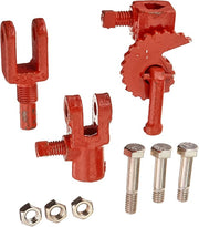 Red metal repair kit components including three fasteners, three bolts, and three red handle connectors of varying designs.