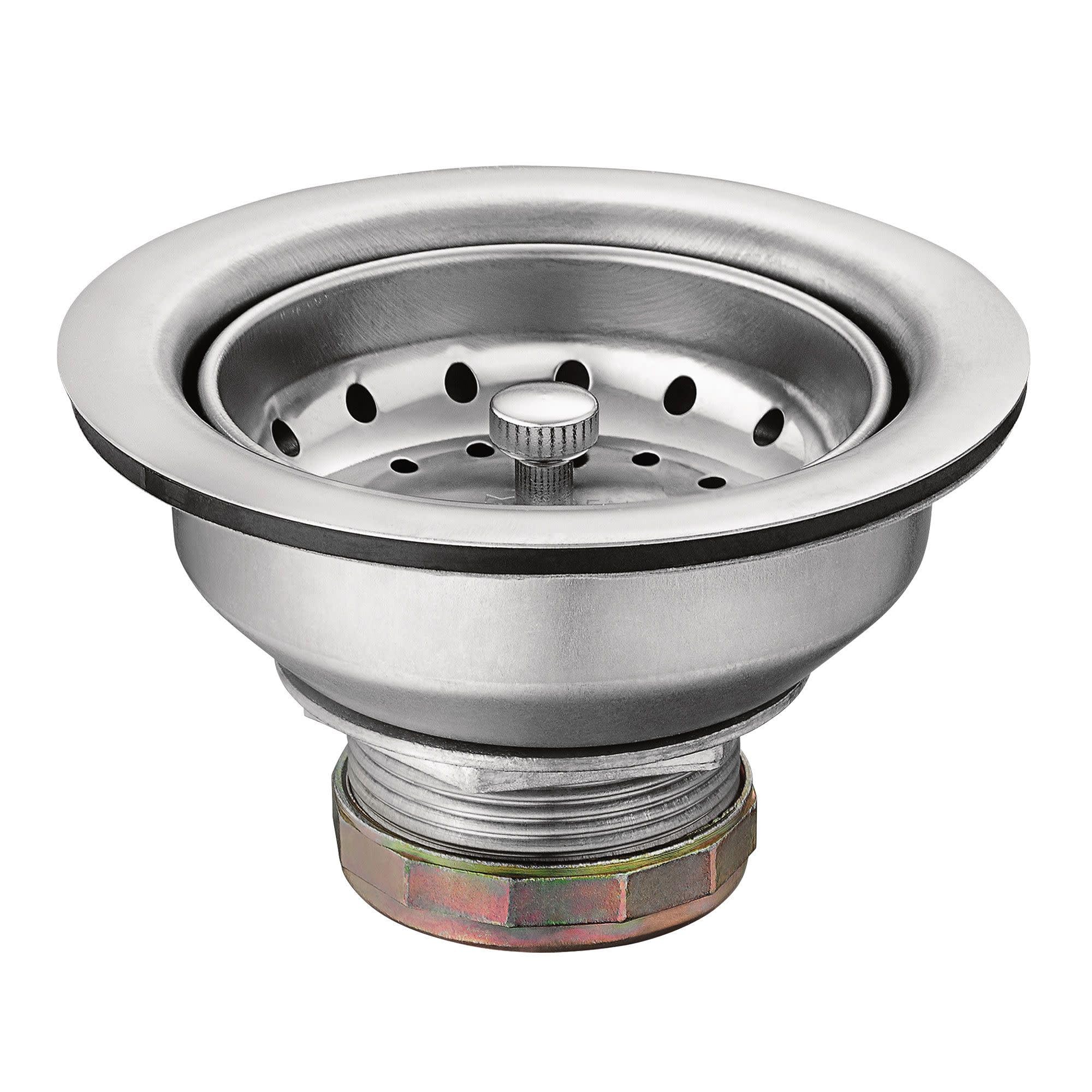 Stainless steel sink drain strainer with perforated basket and threaded mounting ring.