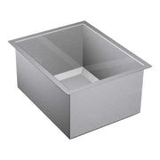 Stainless steel single bowl undermount sink with brushed finish and rectangular basin.