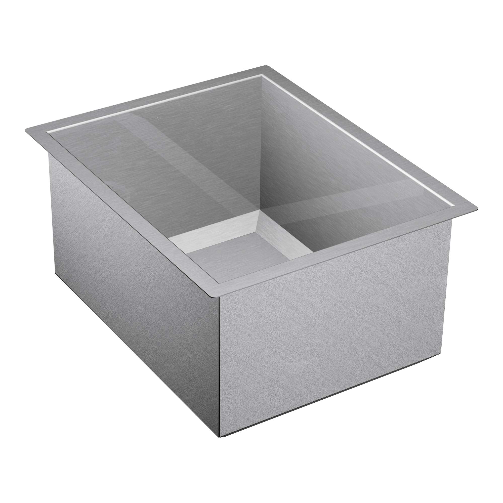 Stainless steel single bowl undermount sink with brushed finish and rectangular basin.