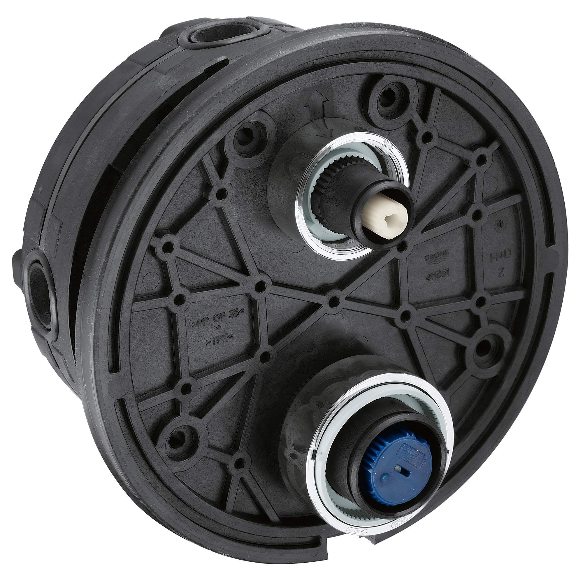 Black circular thermostatic valve body with chrome-trimmed ports, one featuring a cream-colored stem and the other a blue car