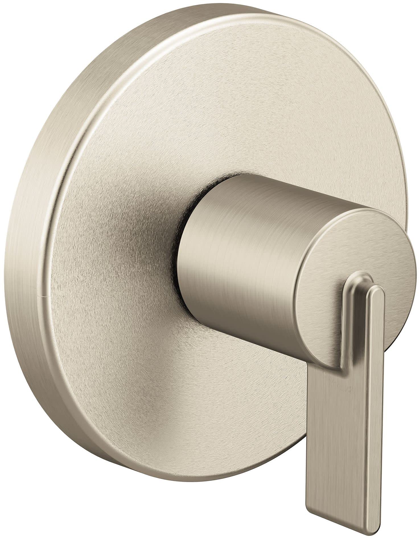 Brushed nickel single-handle valve trim with circular escutcheon plate and lever handle for shower or tub control.