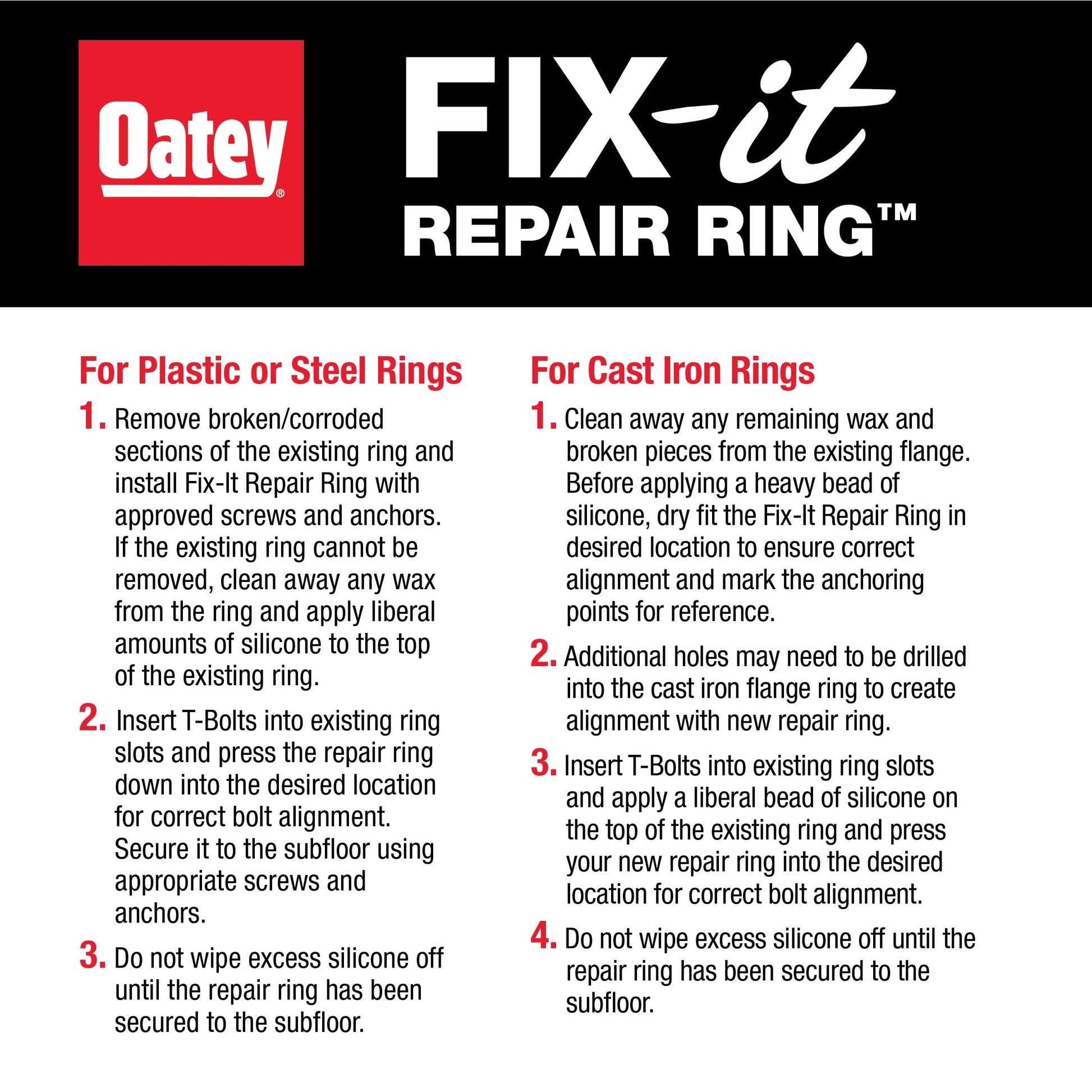 Red Oatey Fix-It toilet flange repair ring with installation instructions for plastic, steel, or cast iron flanges.