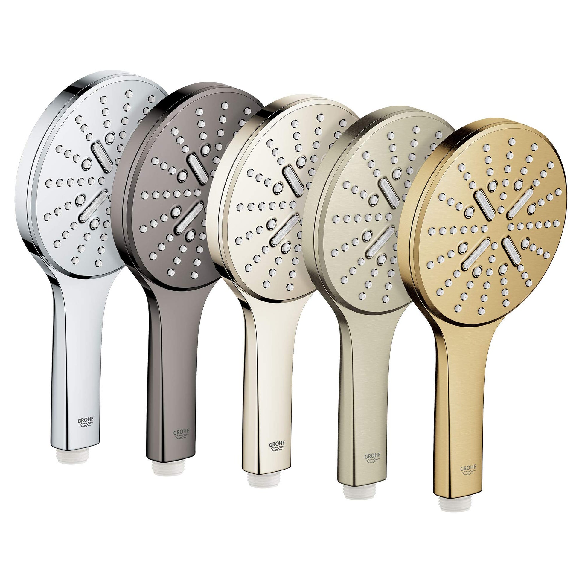Five Grohe Rainshower hand showers in different finishes: chrome, hard graphite, starlight chrome, supersteel, and brushed go