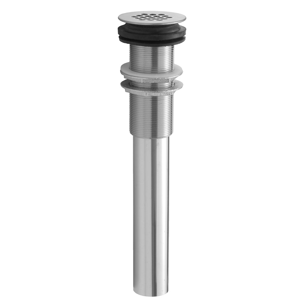 Graphite grid lavatory drain with threaded metal body and rubber sealing rings.